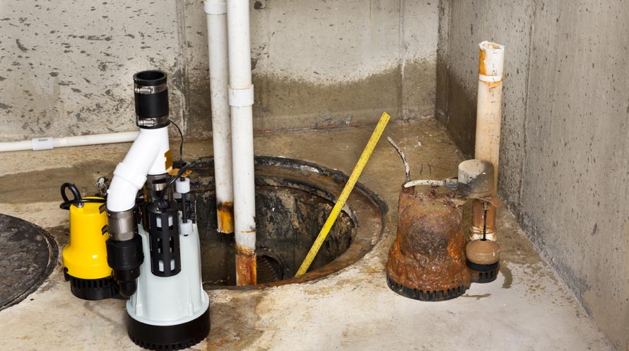 a decayed radon mitigation fan next to a new one